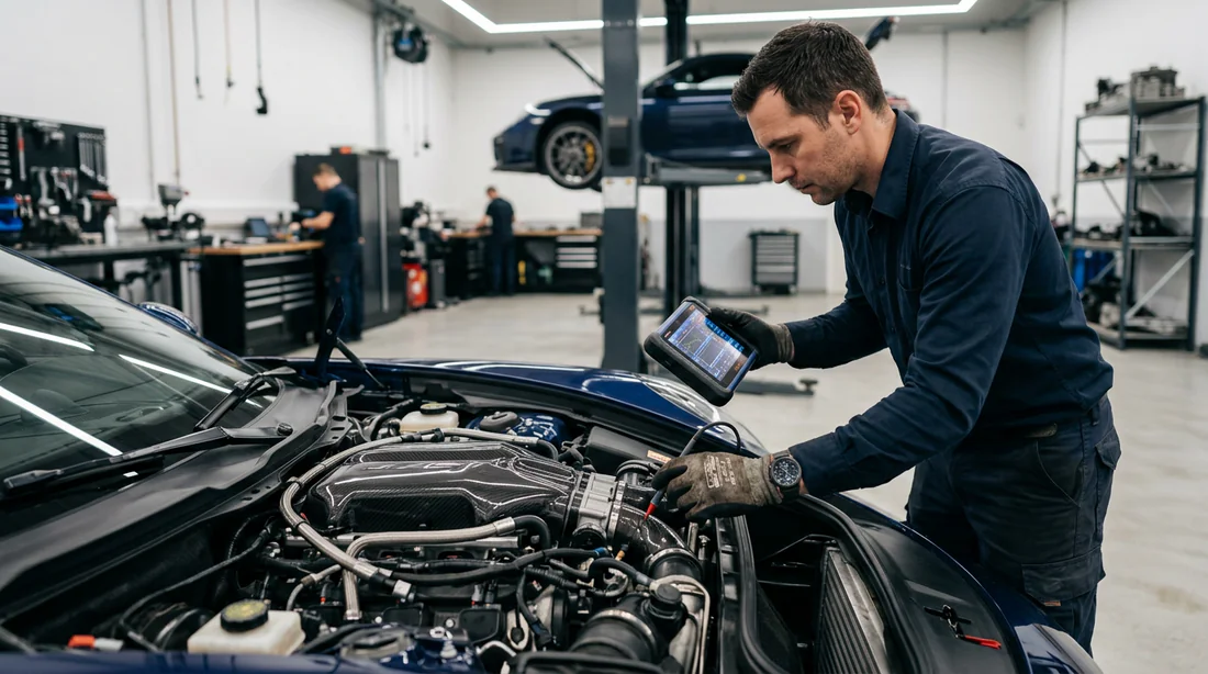 Mécanicien inspectant le moteur d'une Peugeot 308 GTi.