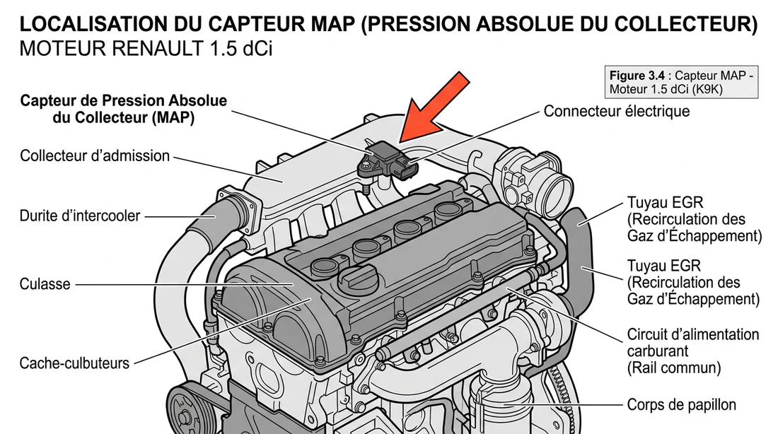 Schéma technique de localisation du capteur MAP sur moteur 1.5 dCi