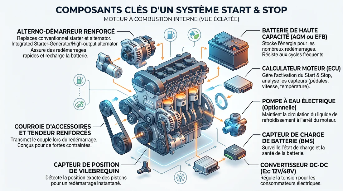 Schéma des composants du système Start and Stop Jeep.