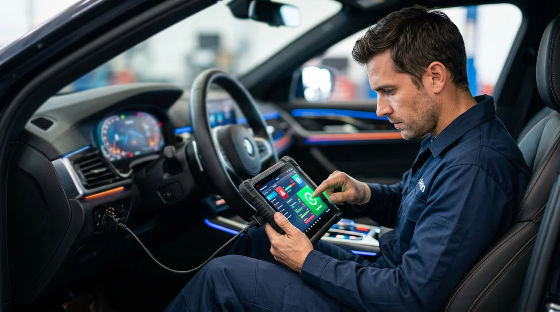 Mécanicien utilisant une valise de diagnostic pour effacer les codes erreurs.