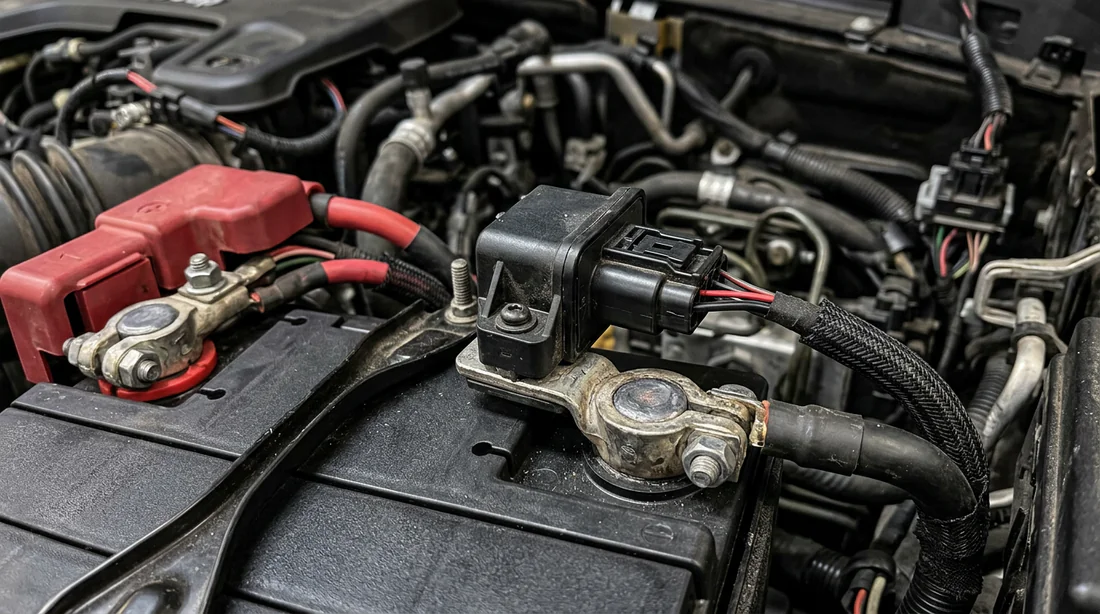 Gros plan sur la batterie et le capteur IBS d'une Jeep Renegade.