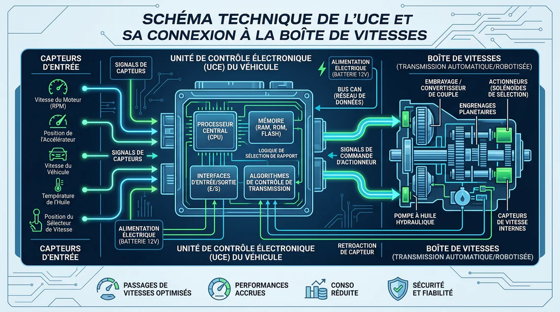 Schéma technique du diagnostic électronique de la boîte de vitesses.