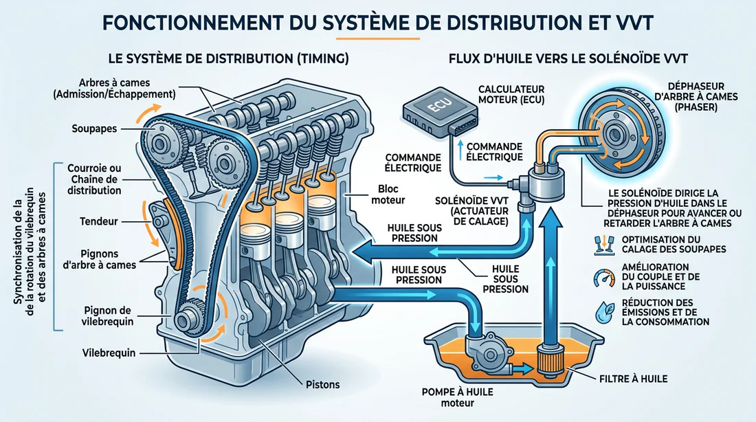 Schéma du système de distribution et de lubrification moteur.