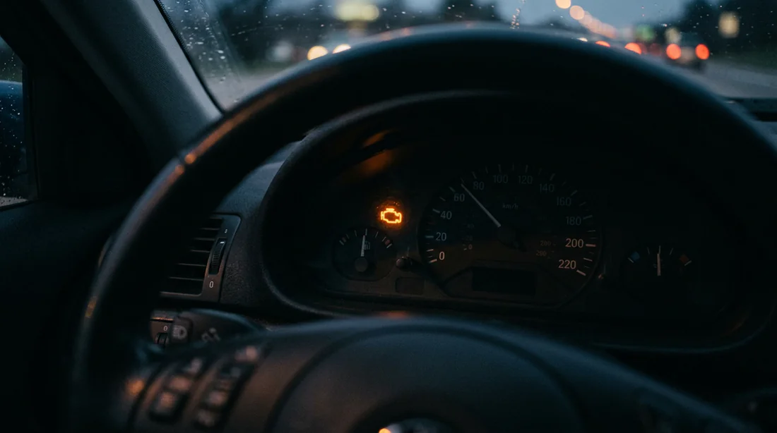 Voyant moteur allumé sur le tableau de bord d'une voiture.