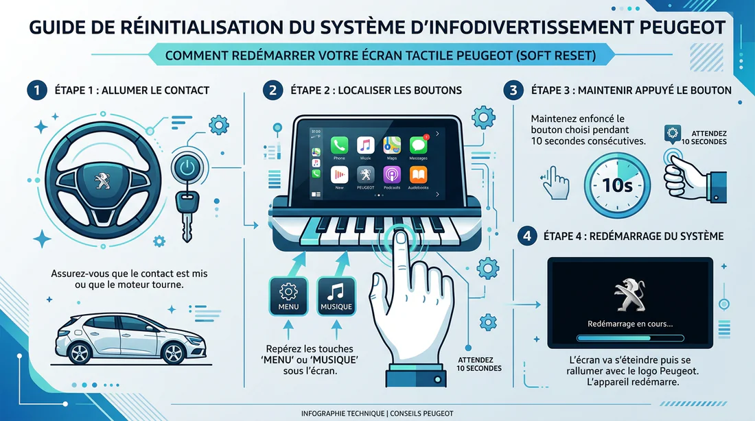 Schéma explicatif pour réinitialiser le système multimédia du Peugeot 2008.