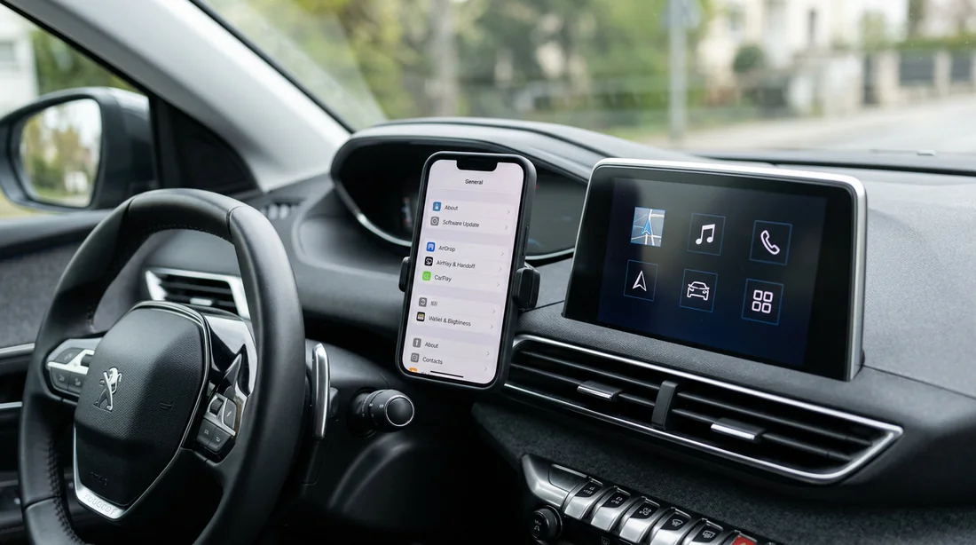 Réglages de l'iPhone pour activer la fonction CarPlay sur Peugeot 2008.