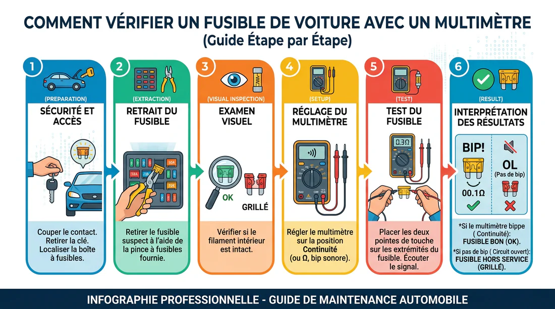 Infographie expliquant comment tester un fusible automobile