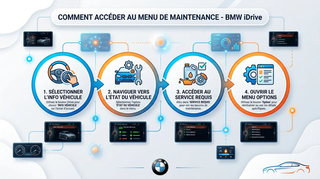 Schéma des étapes menu maintenance iDrive BMW