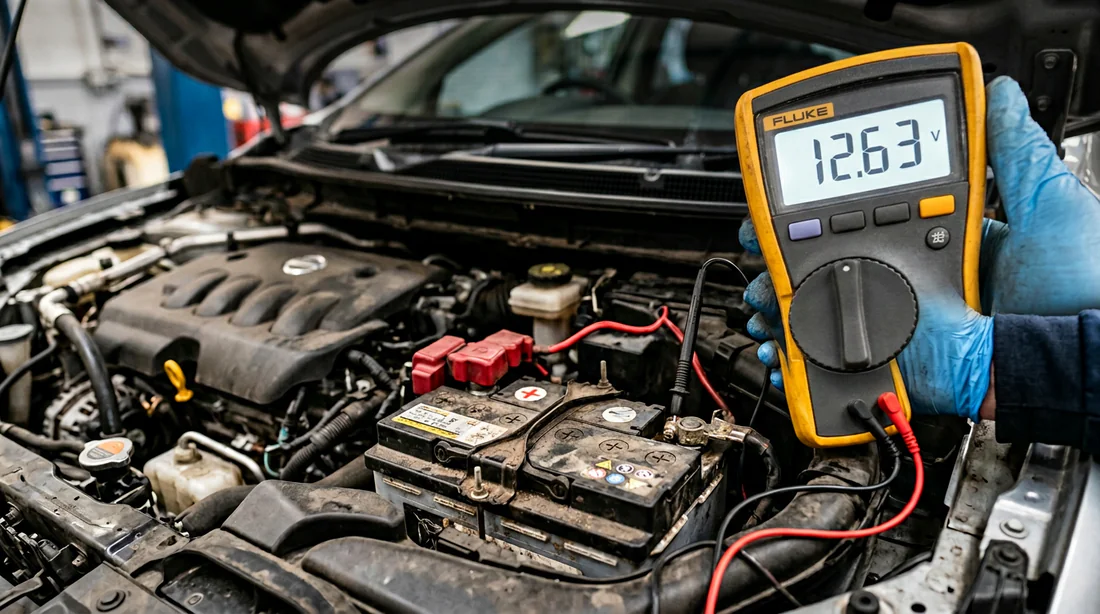Vérification de la tension de la batterie d'un Scénic 3 avec un multimètre.