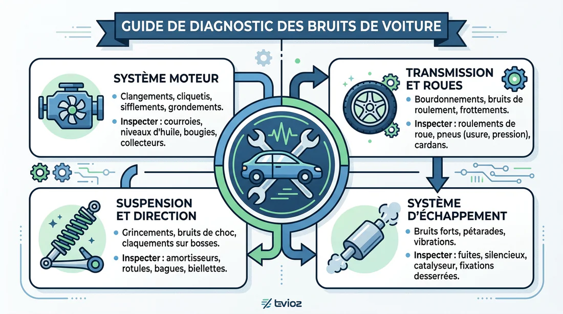 Infographie des étapes de diagnostic d'un bruit suspect sur une Citroën