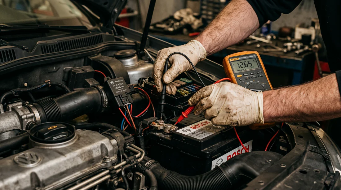 Testeur multimètre sur batterie de voiture
