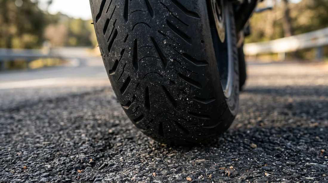 Détail de la sculpture d'un pneu sport-touring sur asphalte