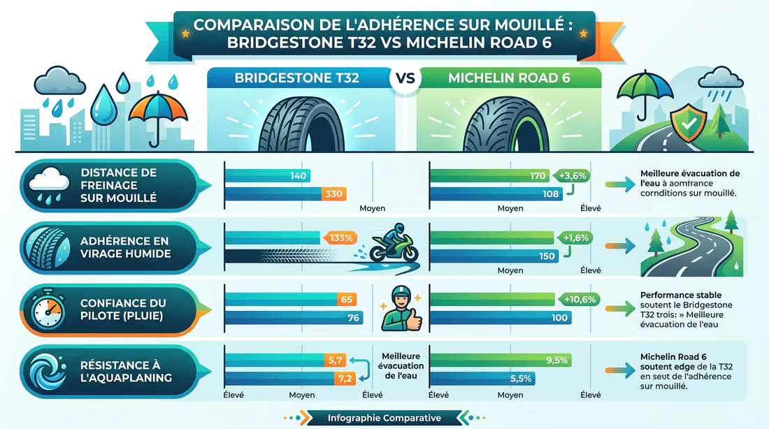 Infographie comparative des performances sur sol mouillé entre Bridgestone T32 et Michelin Road 6