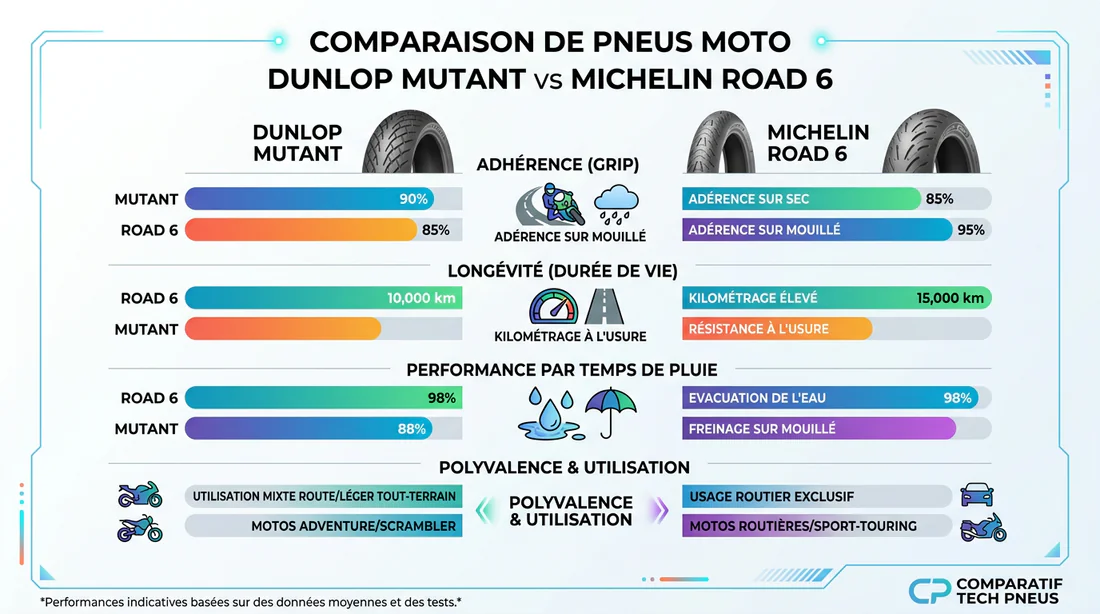 Tableau comparatif des caractéristiques techniques entre Dunlop Mutant et Michelin Road 6