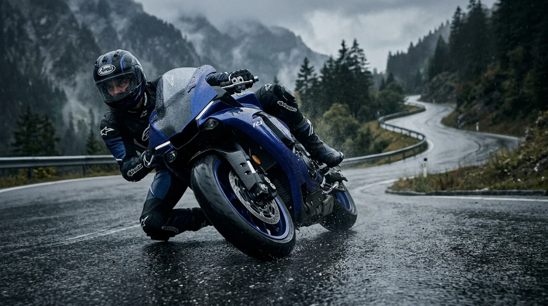 Moto en virage sur route mouillée illustrant les performances des pneus