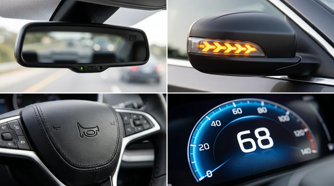 Détails des équipements obligatoires : rétroviseurs, clignotants et compteur de vitesse.