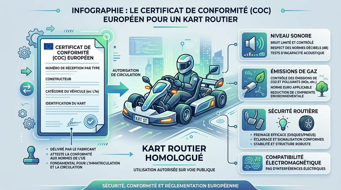 Infographie détaillant les étapes de l'homologation européenne pour un kart.