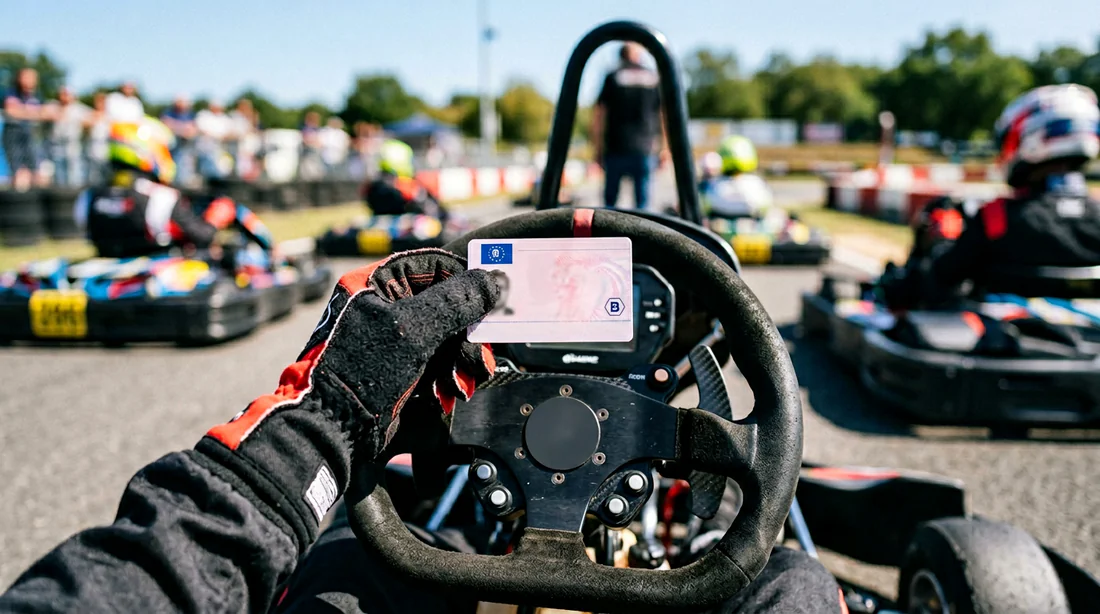 Permis de conduire catégorie B présenté devant un karting pour circuler sur route.
