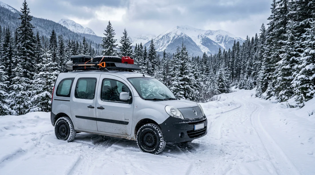 Renault Kangoo 4x4 stationné dans la neige.