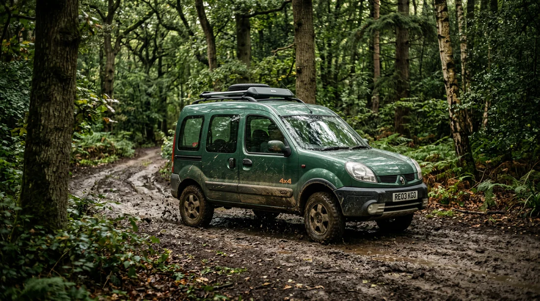 Renault Kangoo 4x4 vert en action dans une forêt.