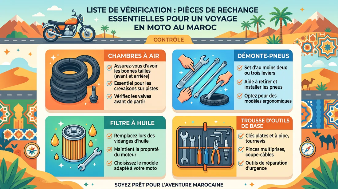Infographie des pièces de rechange essentielles pour un voyage moto au Maroc.
