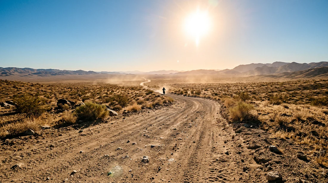 Piste de sable à perte de vue dans le désert marocain.