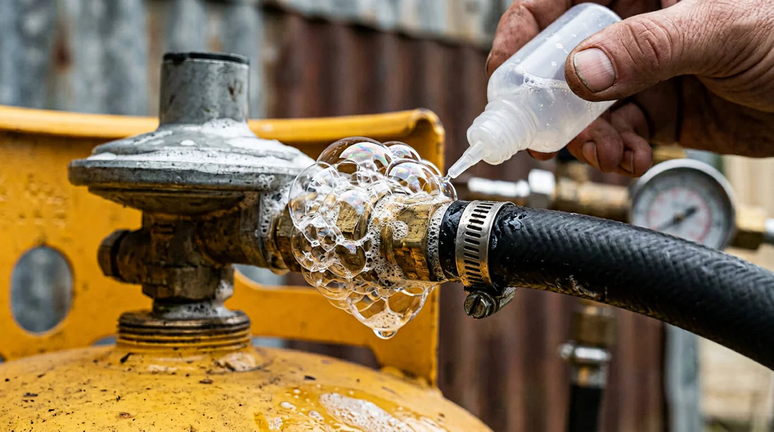 Test d'étanchéité du circuit GPL avec de l'eau savonneuse