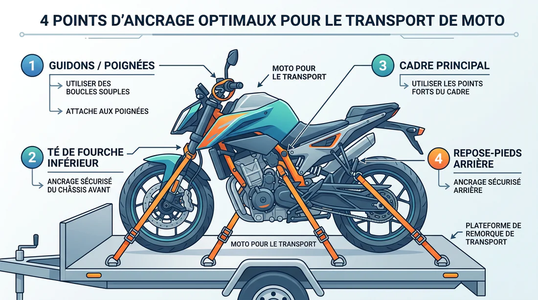 Schéma des points d'ancrage optimaux pour sangler une moto