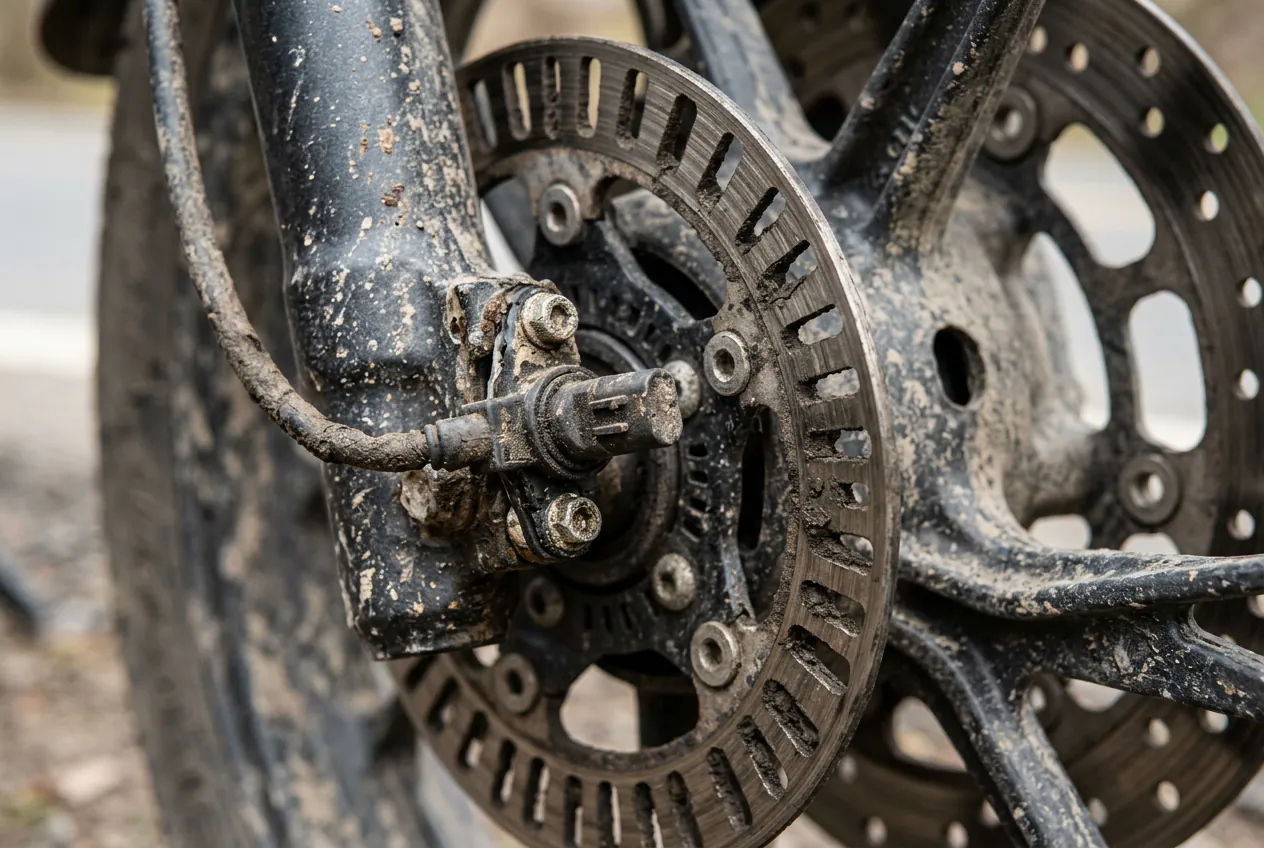 Capteur de vitesse de roue de moto encrassé pouvant provoquer une défaillance du système anti-recul.