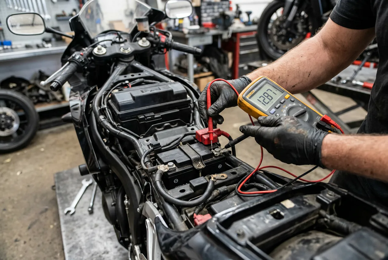 Utilisation d'un multimètre pour vérifier la tension de la batterie d'une moto en cas de panne électronique.