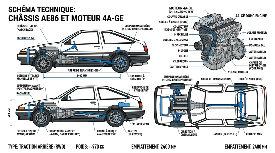 Schéma technique du châssis et moteur 4A-GE de la Toyota AE86