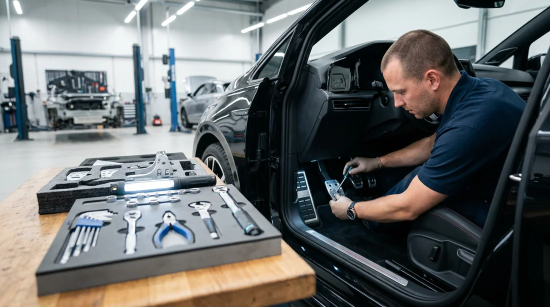 Installation technique de prolongateurs de pédales par un professionnel