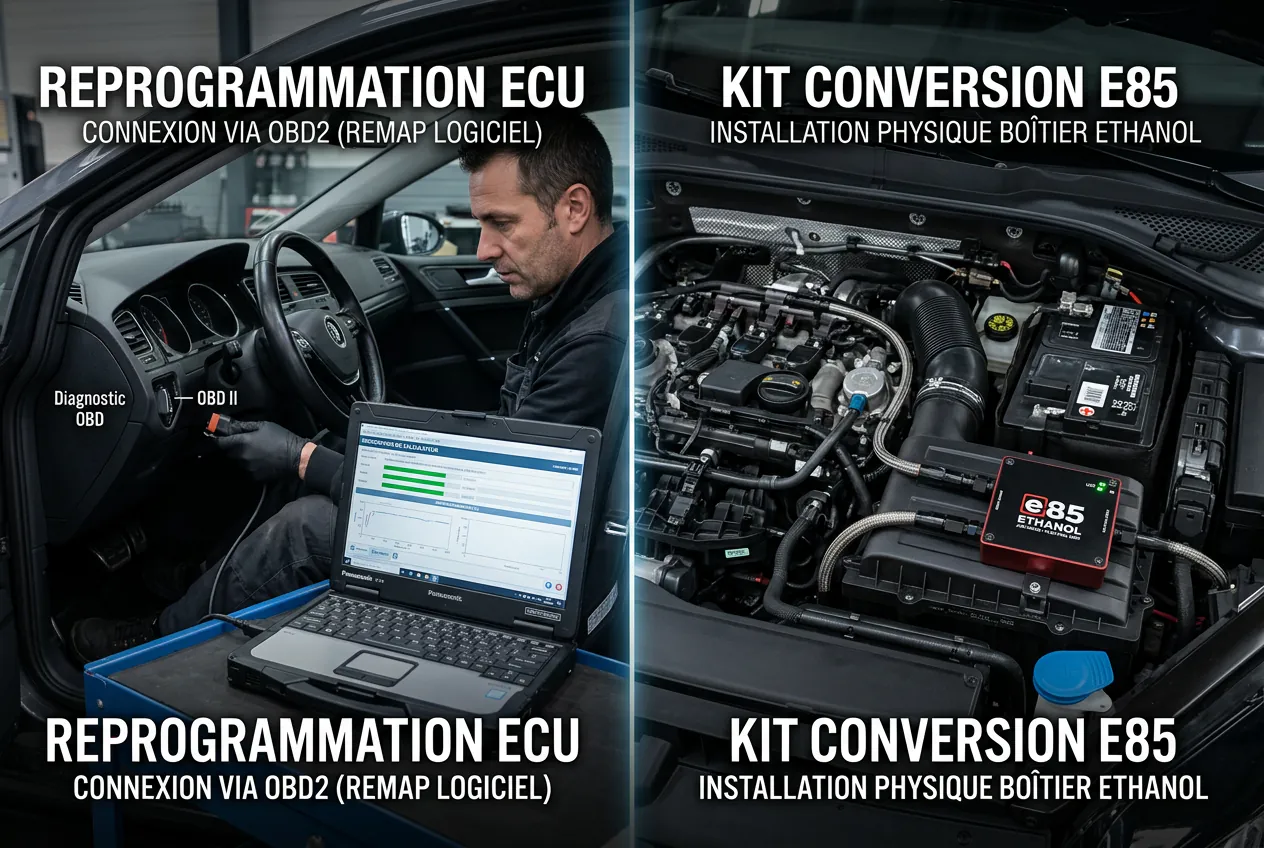 Comparaison visuelle entre une reprogrammation moteur sur mesure et l'installation d'un boîtier de conversion E85 homologué.