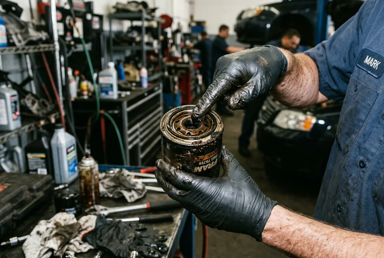 Filtre à carburant automobile colmaté par des résidus décollés par l'effet détergent du carburant E85.