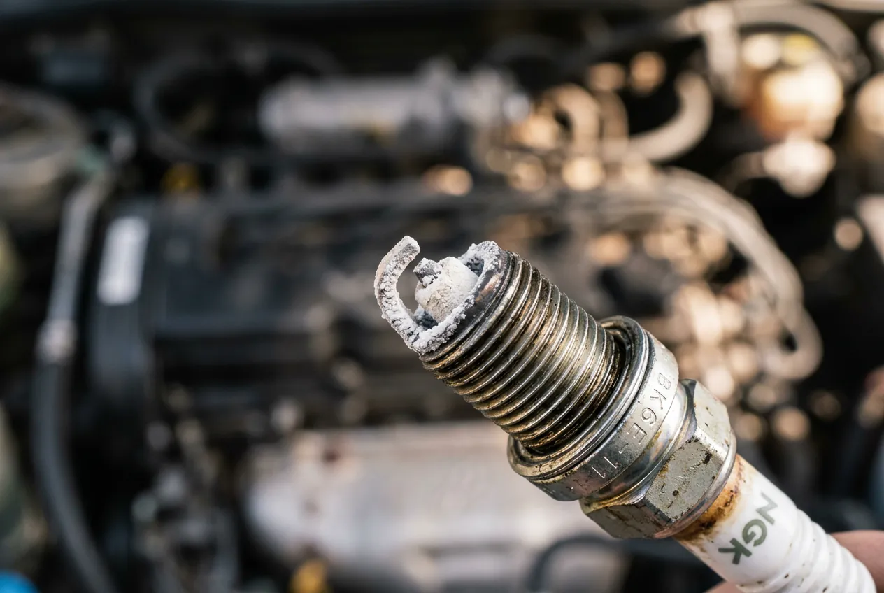 Bougie d'allumage présentant des dépôts blancs caractéristiques d'un mélange air-carburant trop pauvre sur un moteur à l'éthanol.