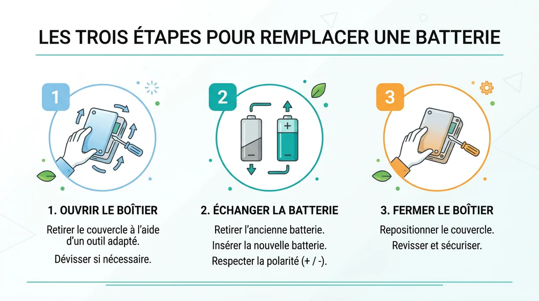Infographie des étapes de remplacement de la pile de clé Dacia