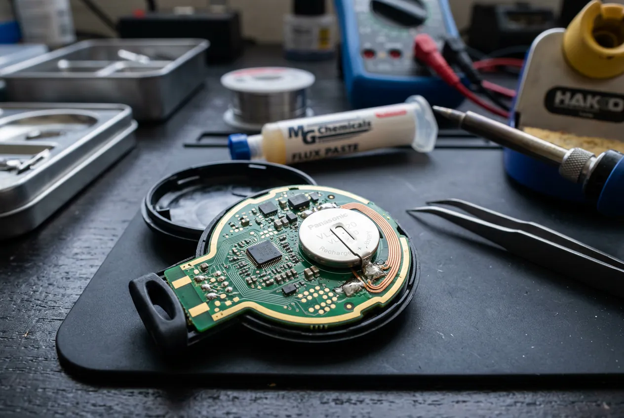 Vue de l'intérieur d'une clé de Mini Cooper R56 montrant la batterie VL2020 soudée sur le circuit.
