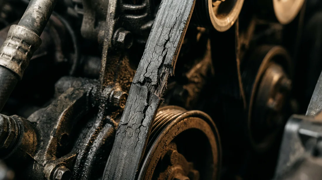 Détail d'une courroie automobile usée et craquelée