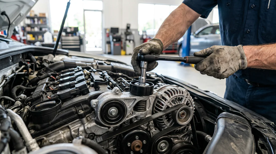 Technicien ajustant la tension d'une courroie moteur