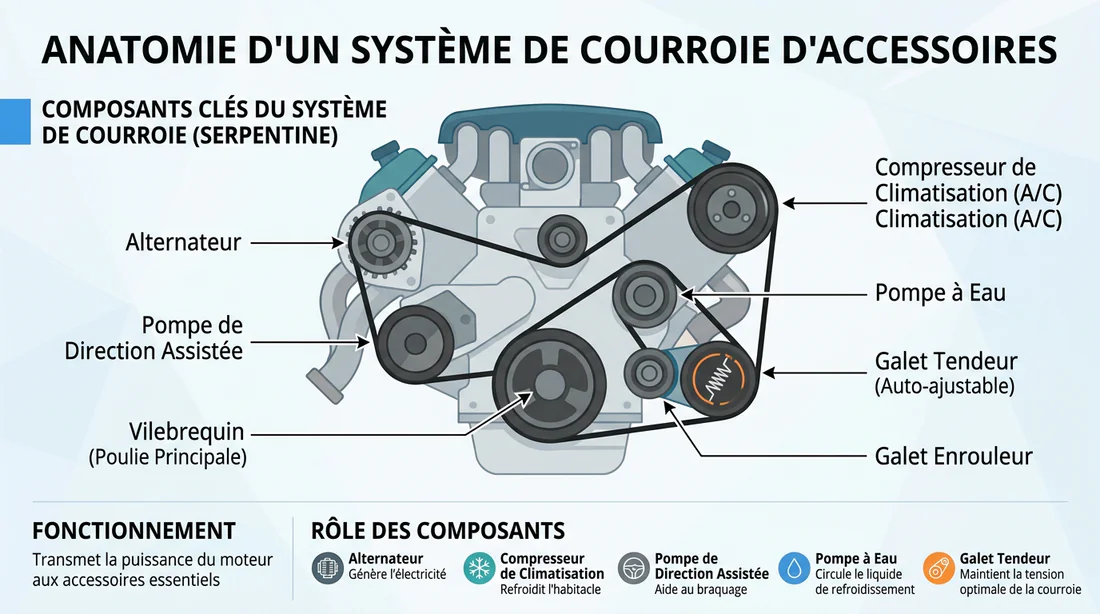 Schéma explicatif du fonctionnement d'une courroie serpentine