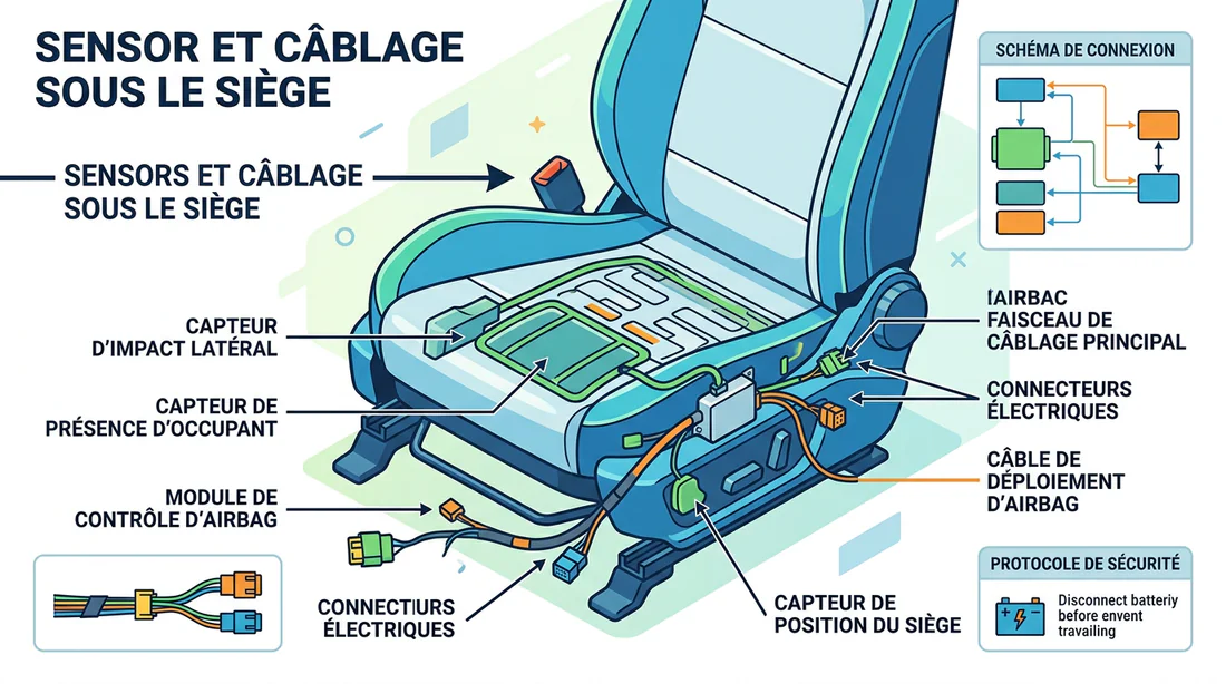 Schéma technique des capteurs airbag sous siège Peugeot