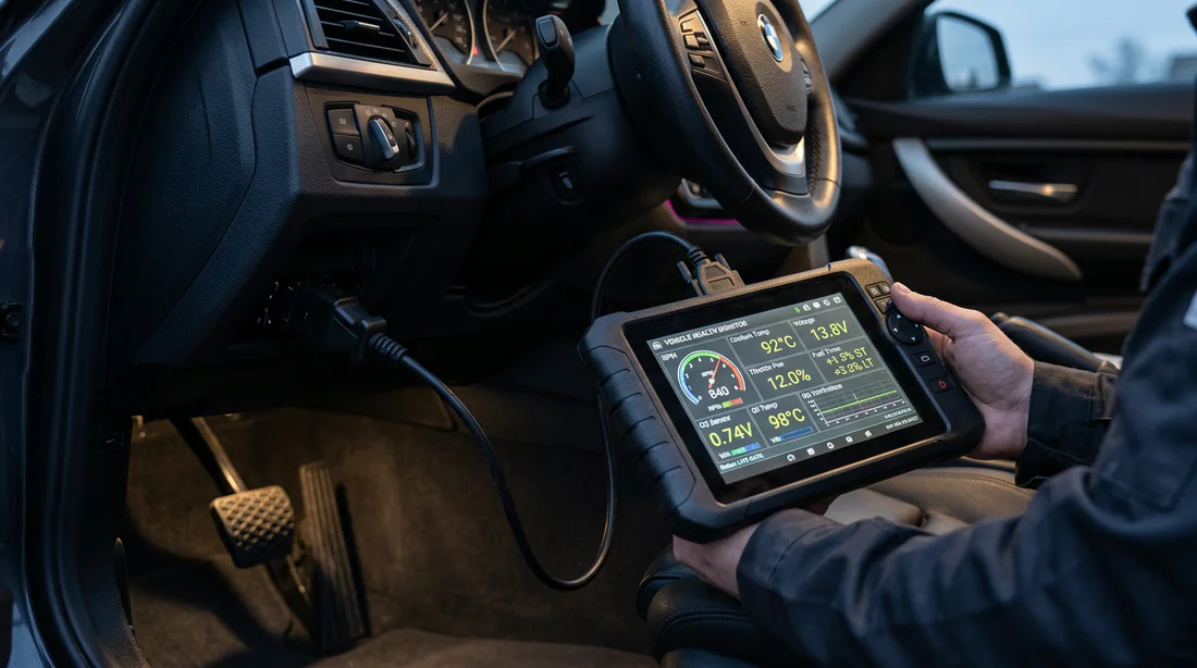 Valise de diagnostic OBD2 branchée dans une voiture