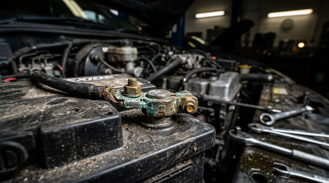Borne de batterie de voiture avec signe de corrosion