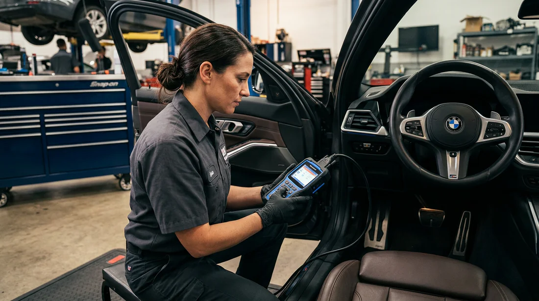 Mécanicien utilisant une valise de diagnostic OBD2 sur une voiture