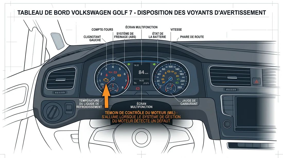 Schéma du tableau de bord Golf 7 avec emplacement du voyant moteur