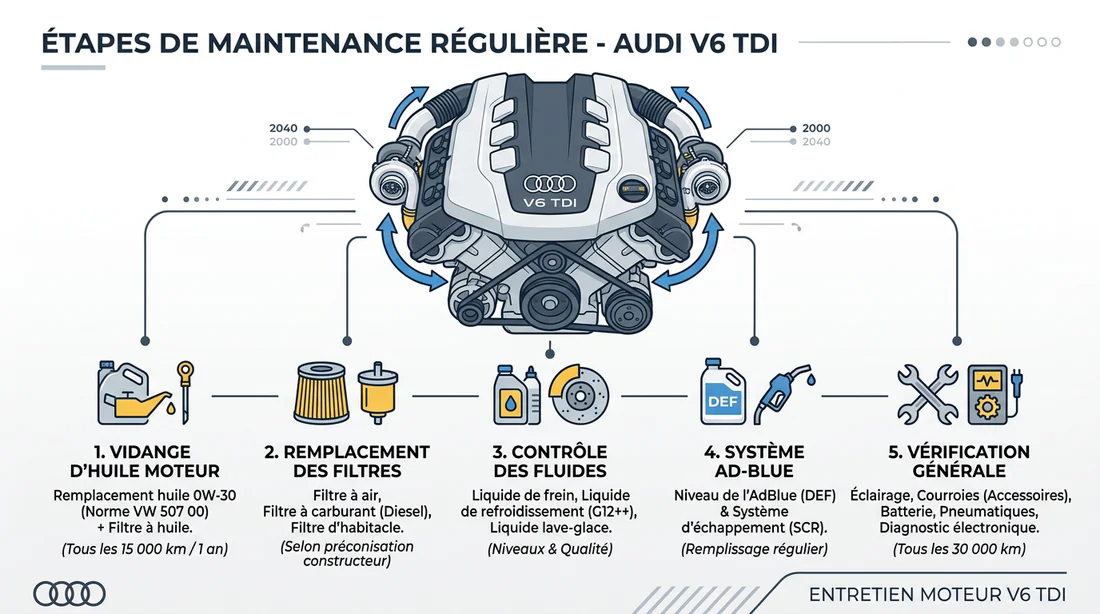 Infographie des étapes d'entretien pour moteur Audi V6 TDI