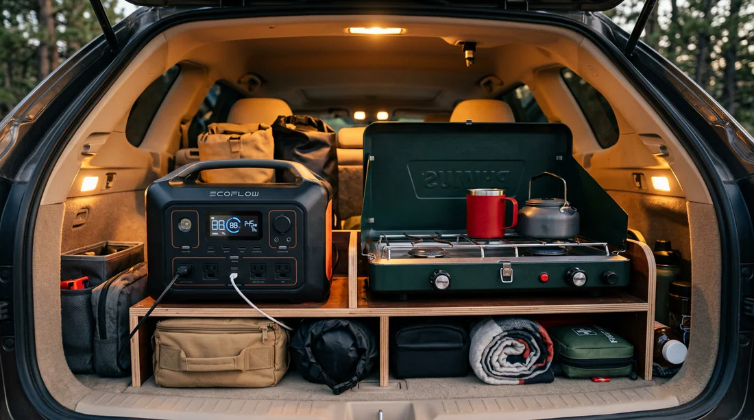Matériel de camping et batterie portable rangés dans le coffre d'une voiture aménagée