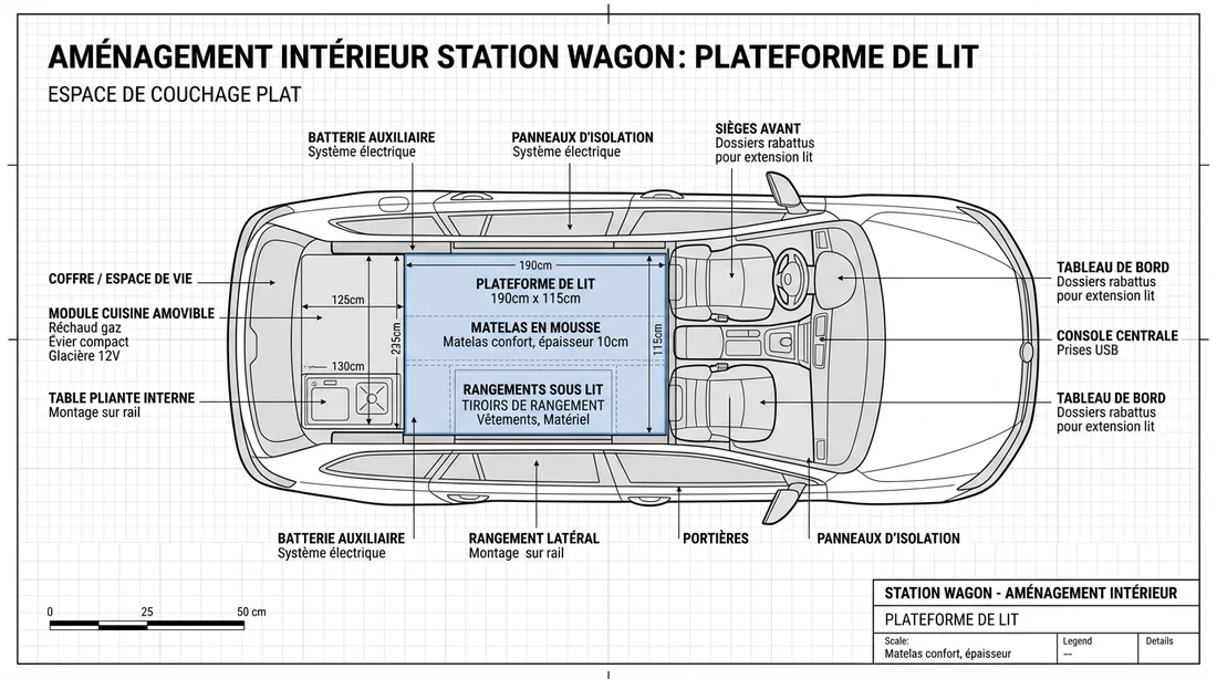 Plan de coupe technique pour l'aménagement d'un couchage plat dans un break