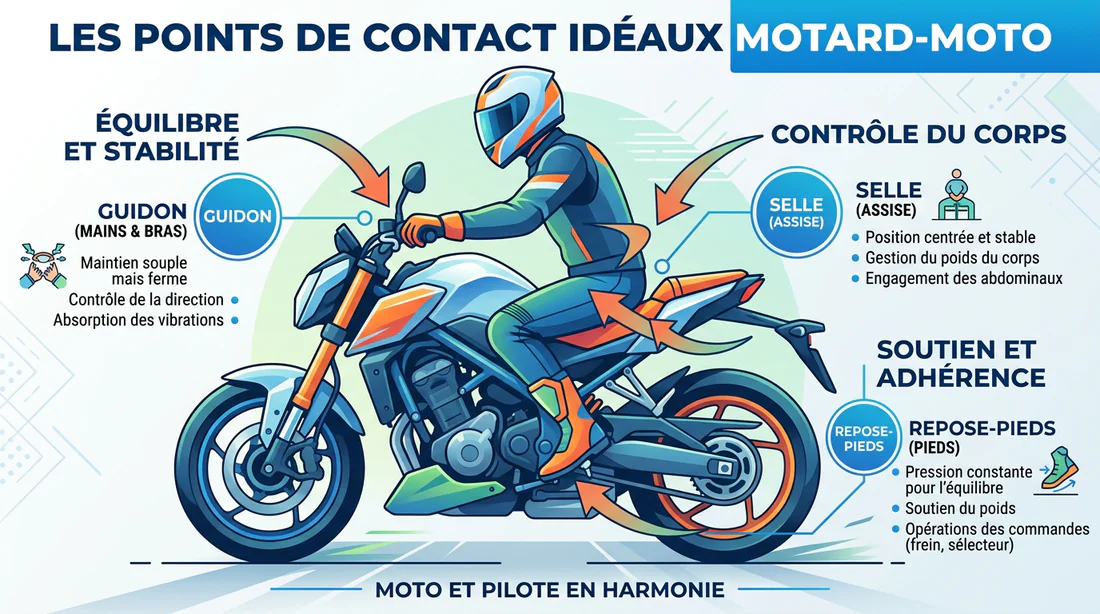Schéma des points de contact ergonomiques sur une moto
