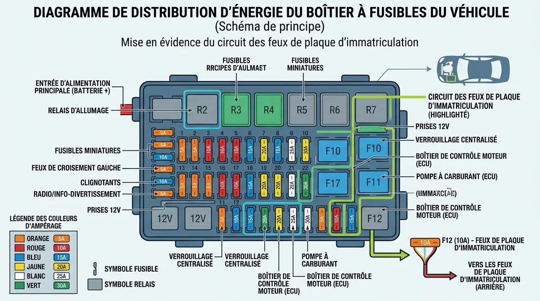 Schéma technique du boîtier à fusibles d'une voiture